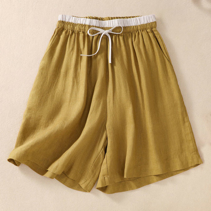 Buddha Stones無地 コントラストカラー ウエスト レースアップ コットンリネン レディース ショートパンツ ポケット付き - image 21