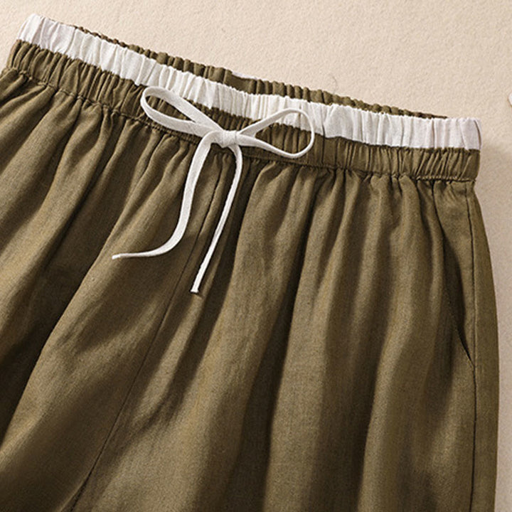 Buddha Stones無地 コントラストカラー ウエスト レースアップ コットンリネン レディース ショートパンツ ポケット付き - image 15