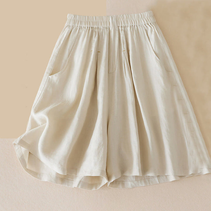 Buddha Stonesカジュアル 無地 コットンリネン レディース ショートパンツ ポケット付き - ベージュ - US12、 UK/AU16、 EU44 (3XL) - image 0