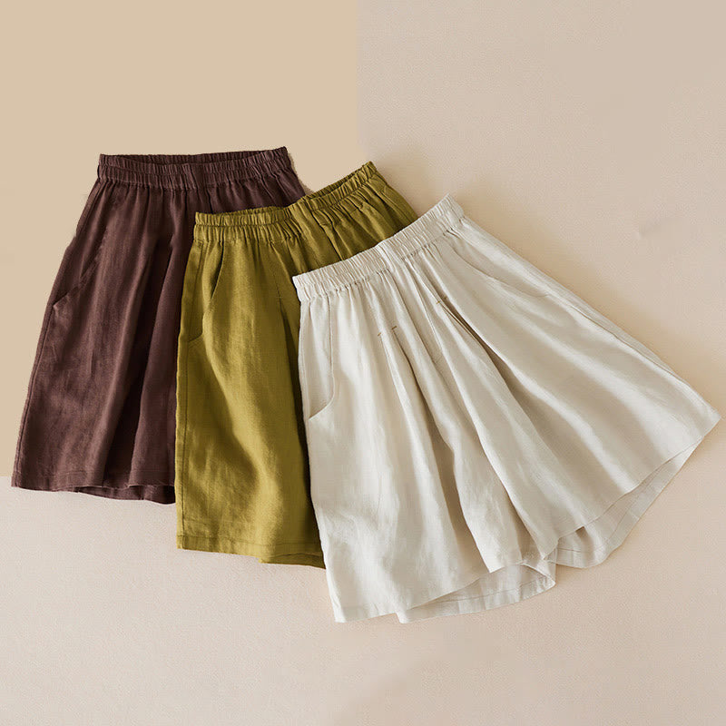 Buddha Stonesカジュアル 無地 コットンリネン レディース ショートパンツ ポケット付き - image 1