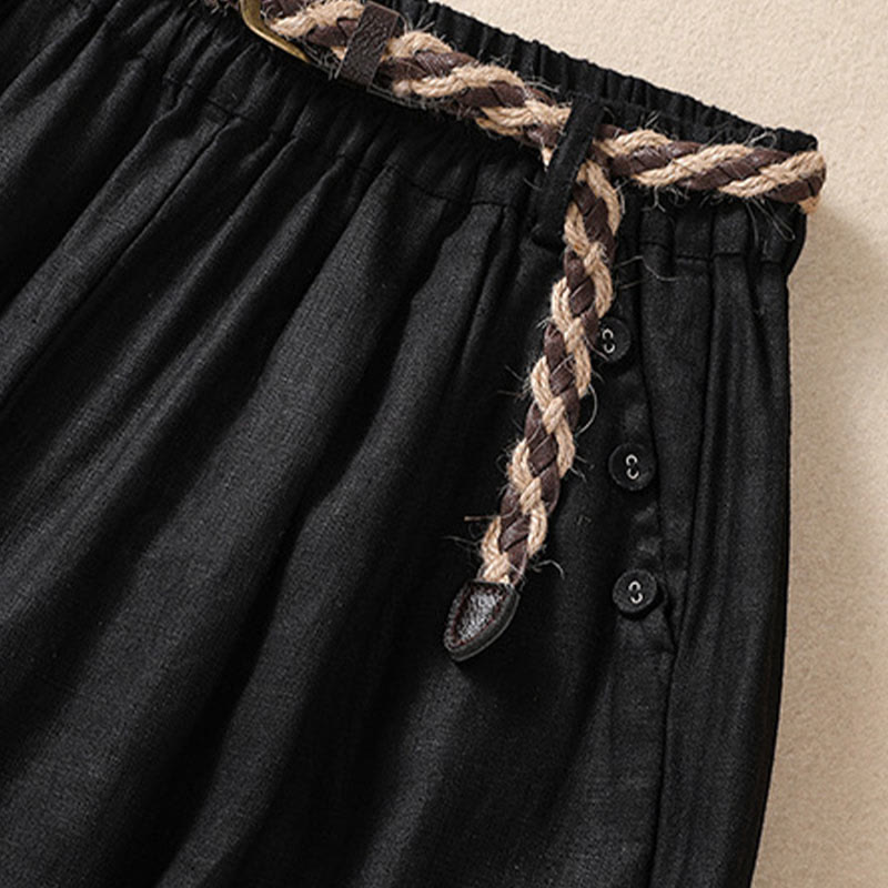 Buddha Stonesカジュアル 無地 ターンアップ カフ ベルト コットン リネン レディース ショートパンツ ポケット付き - image 11