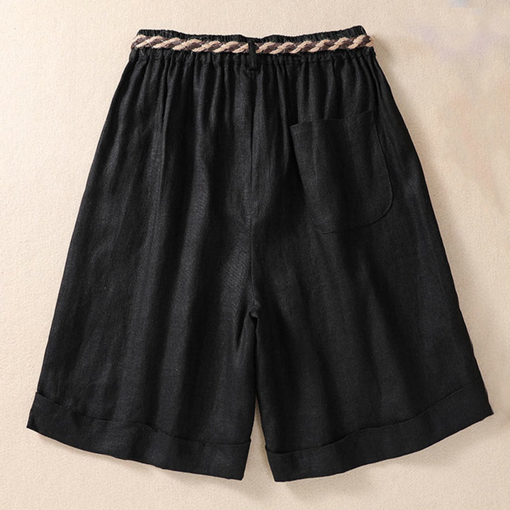 Buddha Stonesカジュアル 無地 ターンアップ カフ ベルト コットン リネン レディース ショートパンツ ポケット付き