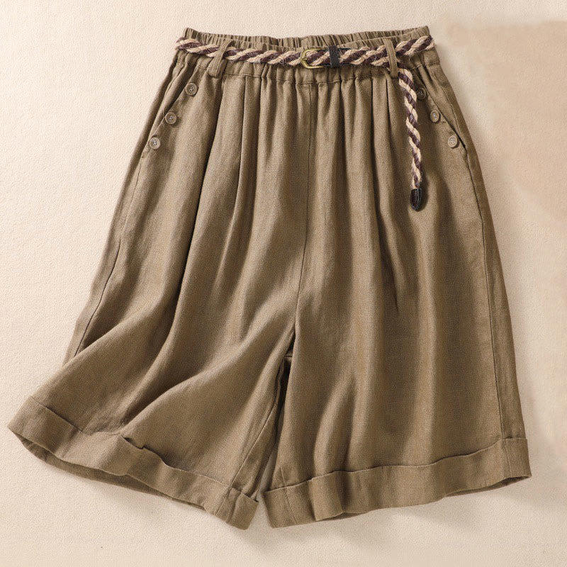Buddha Stonesカジュアル 無地 ターンアップ カフ ベルト コットン リネン レディース ショートパンツ ポケット付き - ダークカーキ - US8-10，UK/AU12-14，EU40-42 (2XL) - image 0