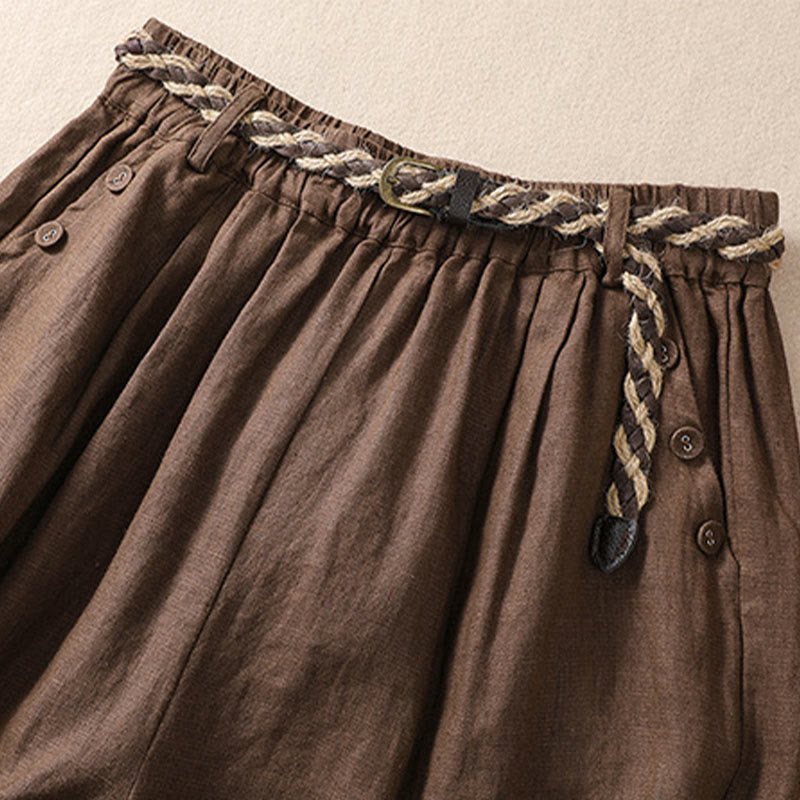 Buddha Stonesカジュアル 無地 ターンアップ カフ ベルト コットン リネン レディース ショートパンツ ポケット付き - image 13