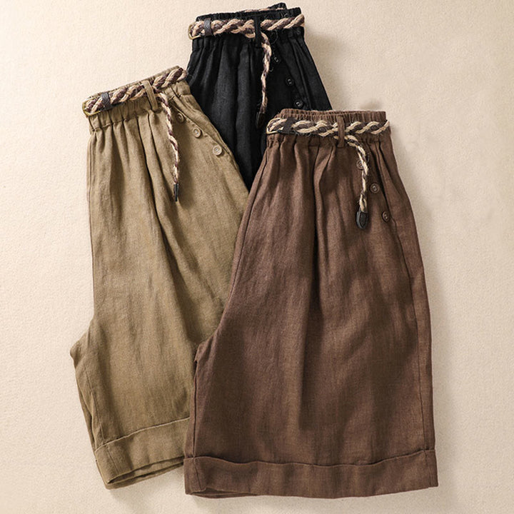 Buddha Stonesカジュアル 無地 ターンアップ カフ ベルト コットン リネン レディース ショートパンツ ポケット付き - image 18