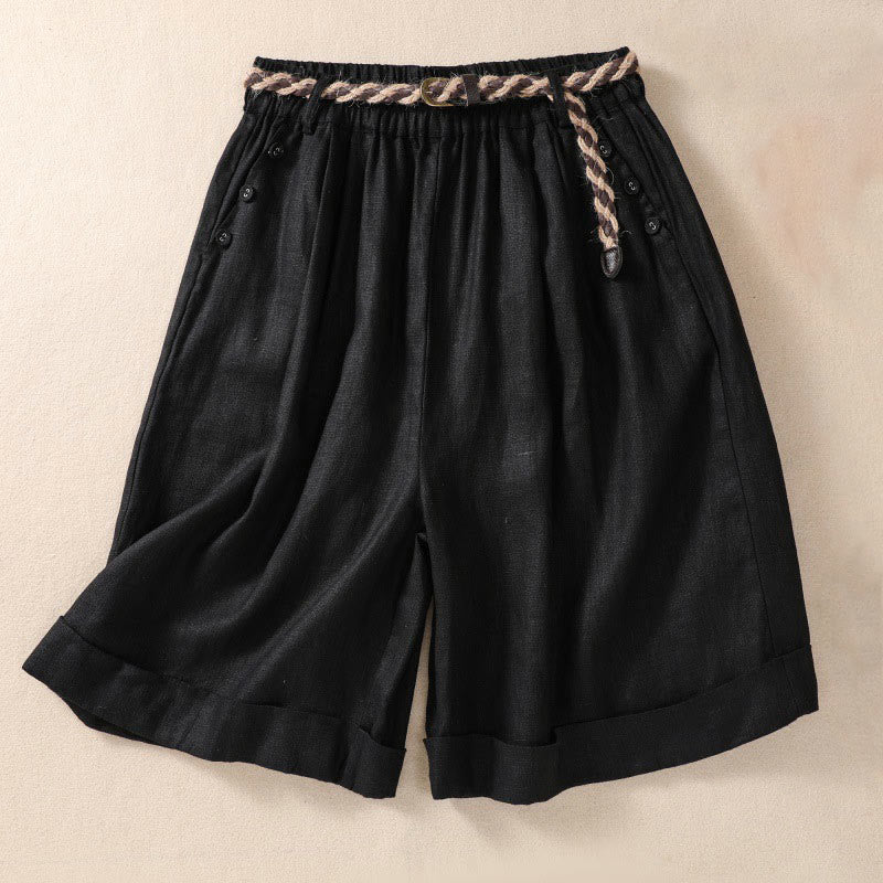 Buddha Stonesカジュアル 無地 ターンアップ カフ ベルト コットン リネン レディース ショートパンツ ポケット付き - 黒 - US8-10，UK/AU12-14，EU40-42 (2XL) - image 8