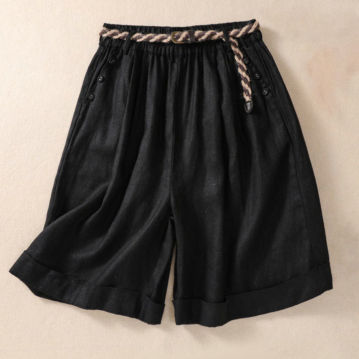 Buddha Stonesカジュアル 無地 ターンアップ カフ ベルト コットン リネン レディース ショートパンツ ポケット付き - 黒 - US8-10，UK/AU12-14，EU40-42 (2XL) - image 8