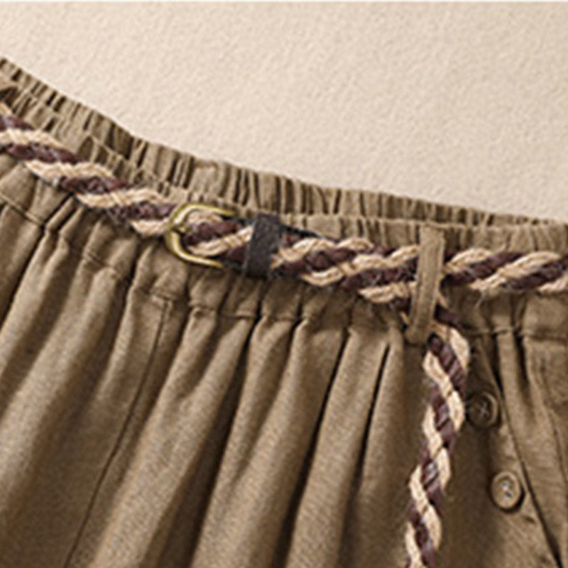 Buddha Stonesカジュアル 無地 ターンアップ カフ ベルト コットン リネン レディース ショートパンツ ポケット付き - image 3