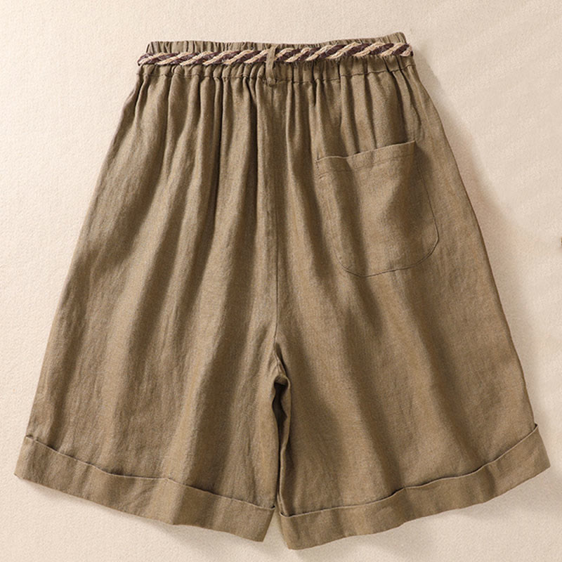 Buddha Stonesカジュアル 無地 ターンアップ カフ ベルト コットン リネン レディース ショートパンツ ポケット付き