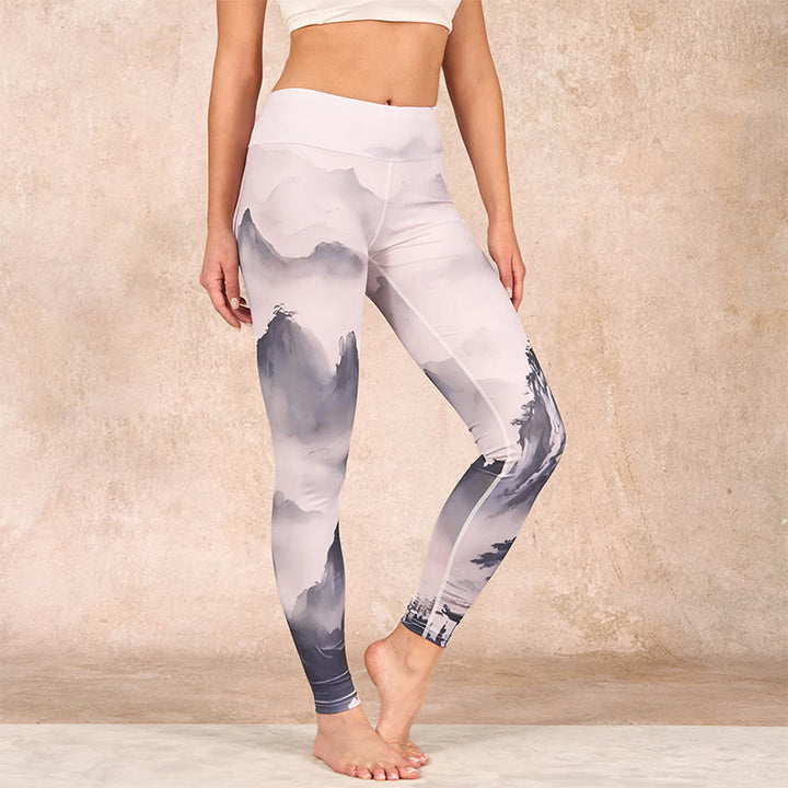 Buddha Stonesのスプラッシュインク風景画プリントフィットネスレギンスレディースヨガパンツ - 墨絵風景画 - US18、 UK/AU22、 EU50 (4XL) - image 0