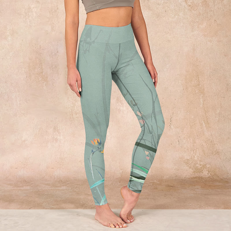 Buddha Stones、ホワイト、ピンク、蘭、葉のプリント、ジムレギンス、レディースヨガパンツ - image 0