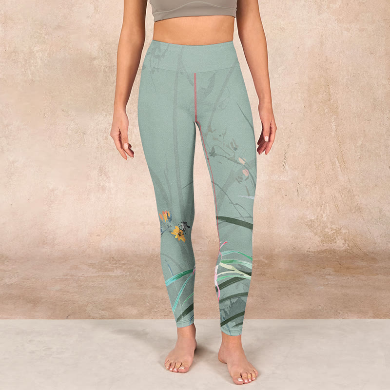 Buddha Stones、ホワイト、ピンク、蘭、葉のプリント、ジムレギンス、レディースヨガパンツ - image 1