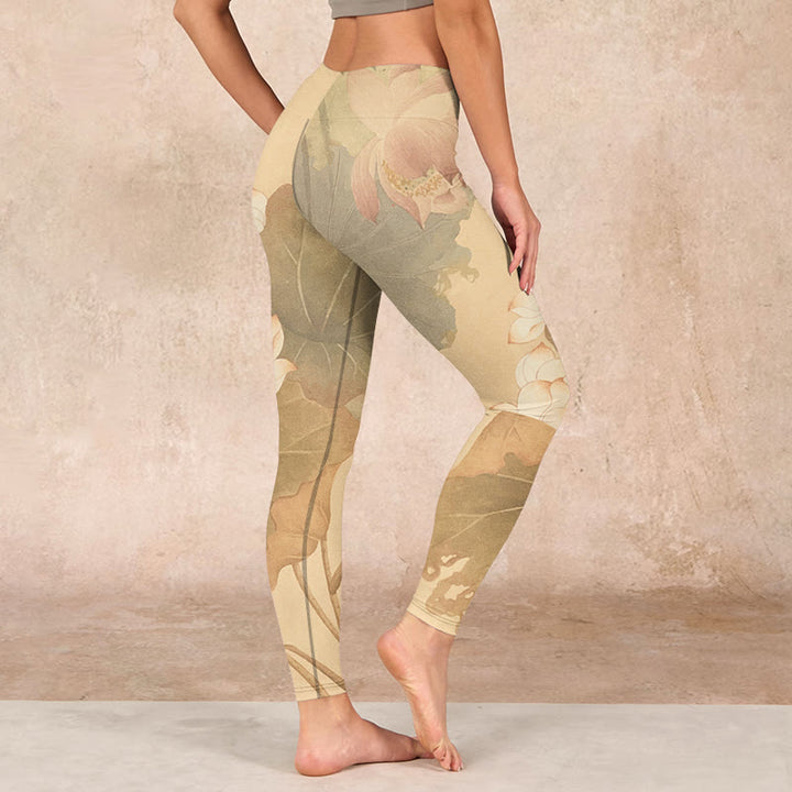 Buddha Stones、蓮の花、葉のプリントジムレギンス、レディースヨガパンツ - image 2