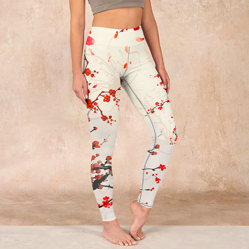 Buddha Stonesと赤い梅の花が咲くプリントのジムレギンス レディース ヨガパンツ - ベージュ - US18、 UK/AU22、 EU50 (4XL) - image 1