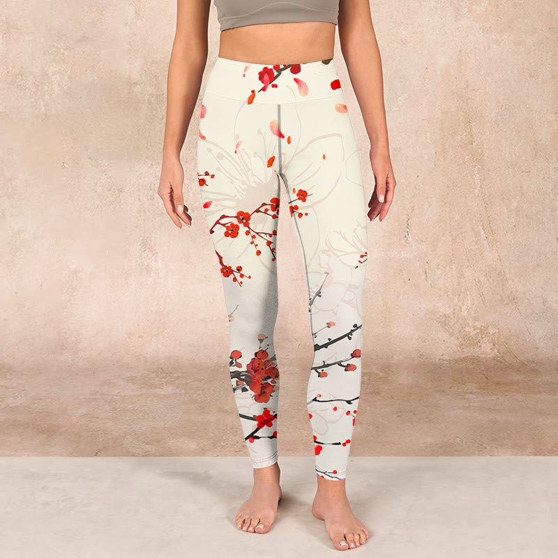 Buddha Stonesと赤い梅の花が咲くプリントのジムレギンス レディース ヨガパンツ - image 2