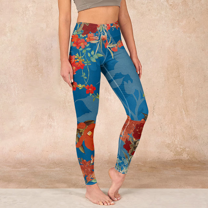 Buddha Stones、青、赤、花、鳥のプリントジムレギンス、レディースヨガパンツ - スティールブルー - US18、 UK/AU22、 EU50 (4XL) - image 0