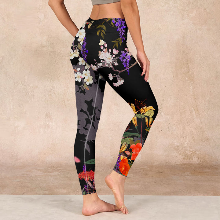 Buddha Stonesブラック カラフルフラワープリント ジムレギンス レディース ヨガパンツ - image 2