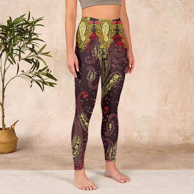 Buddha Stones赤茶色のカシューナッツフラワーつる柄プリント ジムレギンス レディース ヨガパンツ - image 4