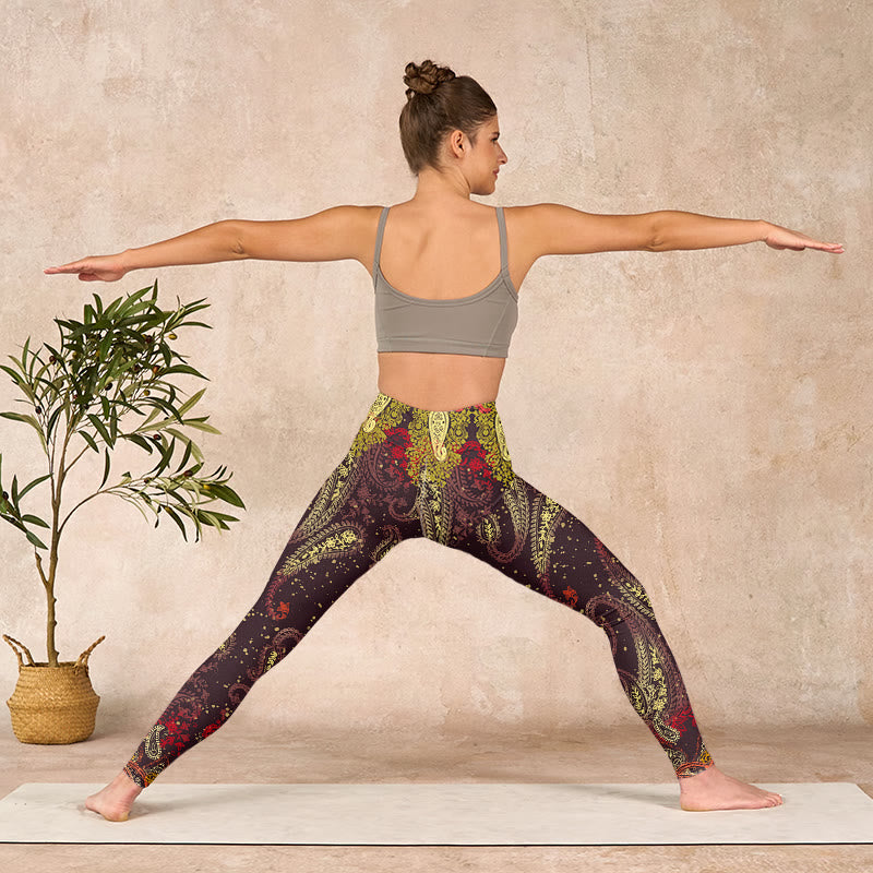 Buddha Stones赤茶色のカシューナッツフラワーつる柄プリント ジムレギンス レディース ヨガパンツ - image 10