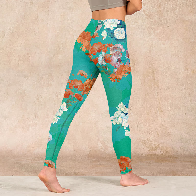 Buddha Stonesグリーン オレンジ ベージュ 花柄 ジムレギンス レディース ヨガパンツ - image 5