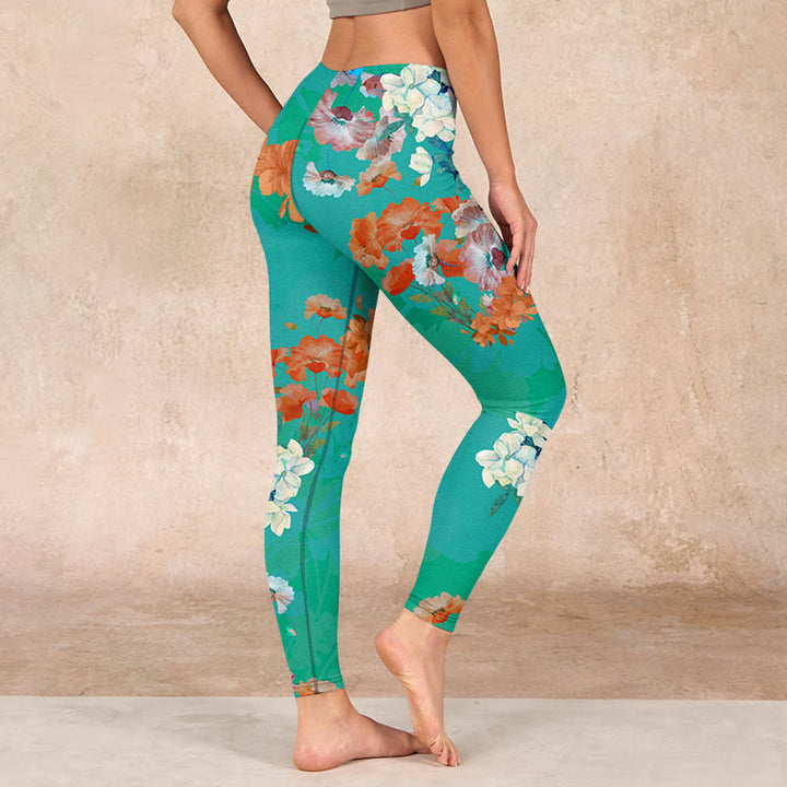 Buddha Stonesグリーン オレンジ ベージュ 花柄 ジムレギンス レディース ヨガパンツ - image 3