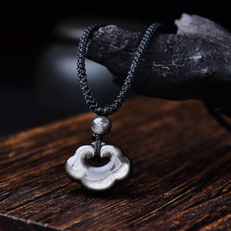 Buddha Stones天然銀光沢黒曜石 縁起の良い雲の保護 癒しのネックレスペンダント