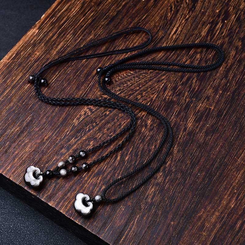 Buddha Stones天然銀光沢黒曜石 縁起の良い雲の保護 癒しのネックレスペンダント