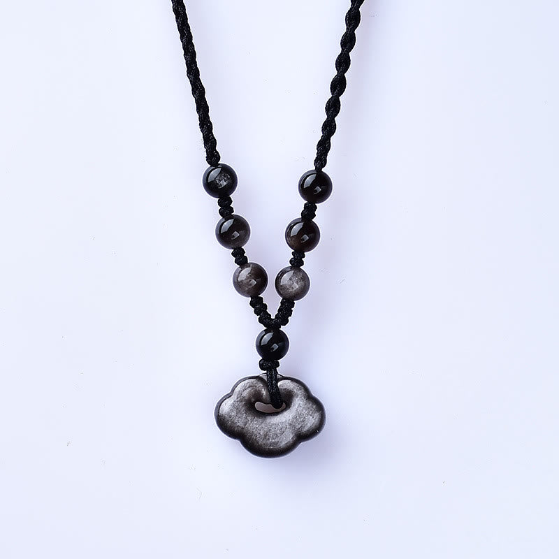 Buddha Stones天然銀光沢黒曜石 縁起の良い雲の保護 癒しのネックレスペンダント