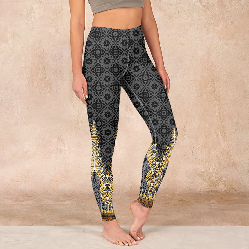 Buddha Stonesダークグレー 幾何学模様 ゴールド フェザープリント ジムレギンス レディース ヨガパンツ - image 0