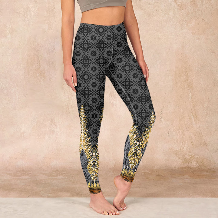 Buddha Stonesダークグレー 幾何学模様 ゴールド フェザープリント ジムレギンス レディース ヨガパンツ - image 0
