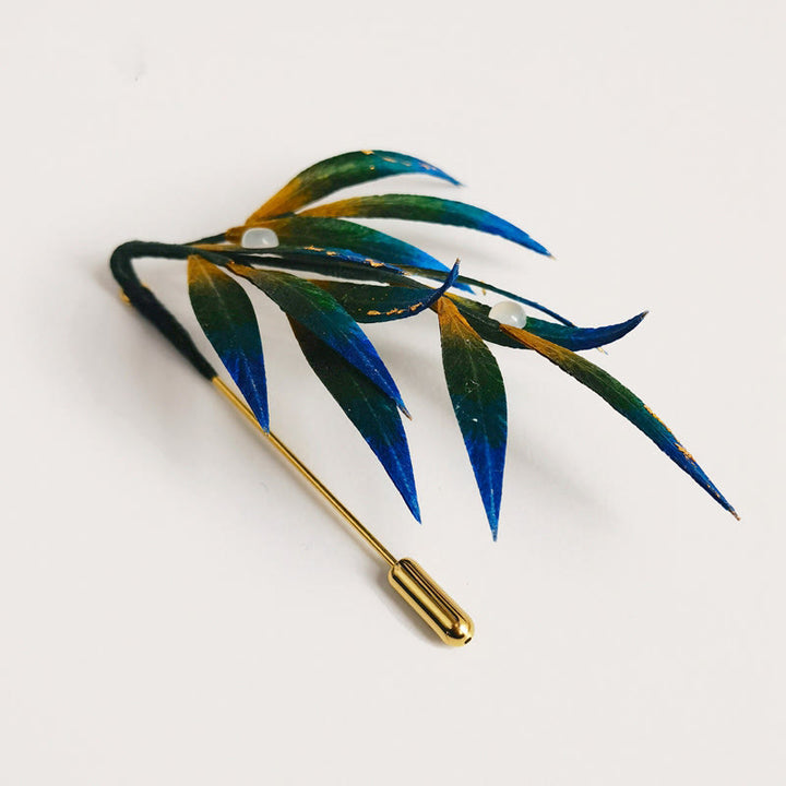Buddha Stonesハンドメイド ベルベット 花 桑絹 緑 黄 青 葉 ブローチ