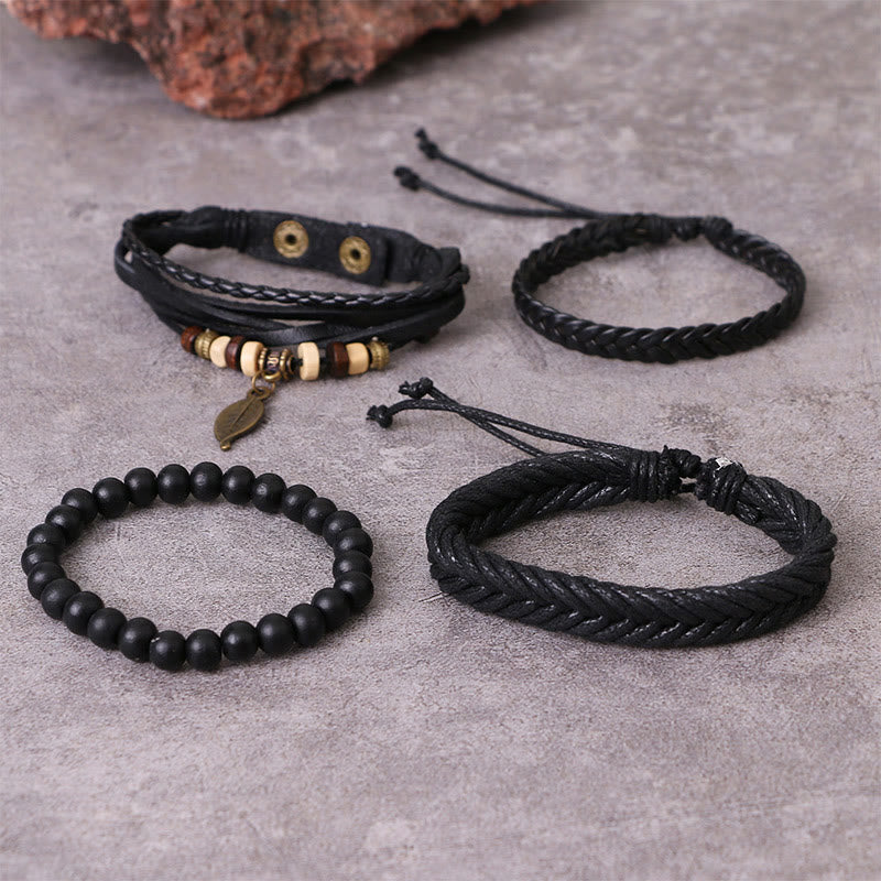 Buddha Stonesリーフ 多層ツイストレザー樹脂ビーズ 勇気ブレスレットセット