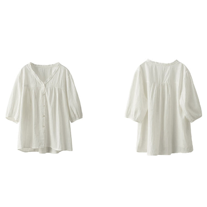 Buddha Stonesレディース ピュアホワイト レース Vネックデザイン 半袖コットンシャツ - image 13