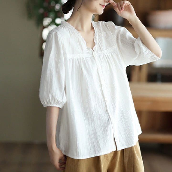 Buddha Stonesレディース ピュアホワイト レース Vネックデザイン 半袖コットンシャツ - 白 - US8-10，UK/AU12-14，EU40-42 (2XL) - image 0