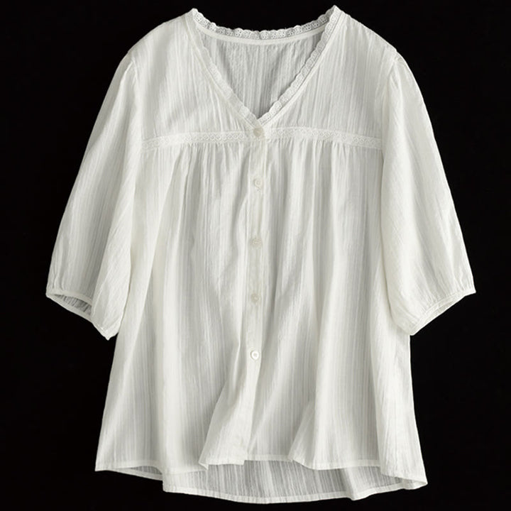 Buddha Stonesレディース ピュアホワイト レース Vネックデザイン 半袖コットンシャツ - image 11