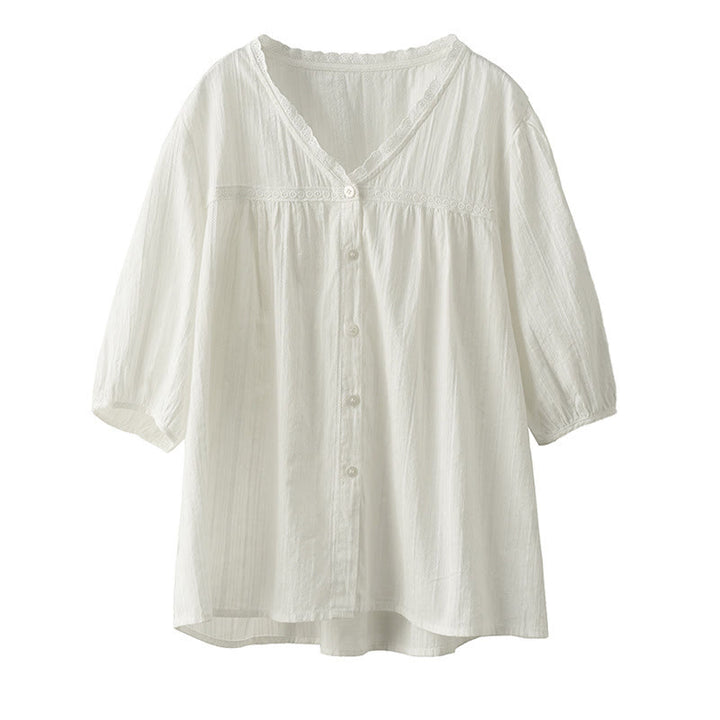 Buddha Stonesレディース ピュアホワイト レース Vネックデザイン 半袖コットンシャツ - image 12