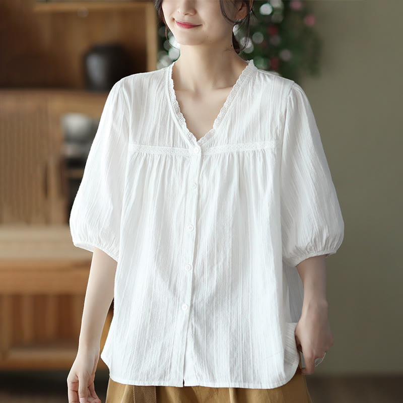 Buddha Stonesレディース ピュアホワイト レース Vネックデザイン 半袖コットンシャツ - image 8