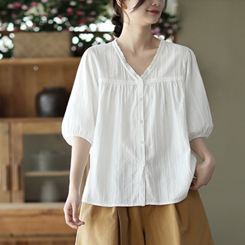 Buddha Stonesレディース ピュアホワイト レース Vネックデザイン 半袖コットンシャツ - image 9