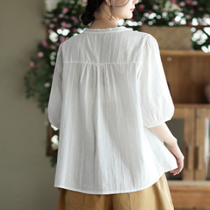 Buddha Stonesレディース ピュアホワイト レース Vネックデザイン 半袖コットンシャツ - image 2