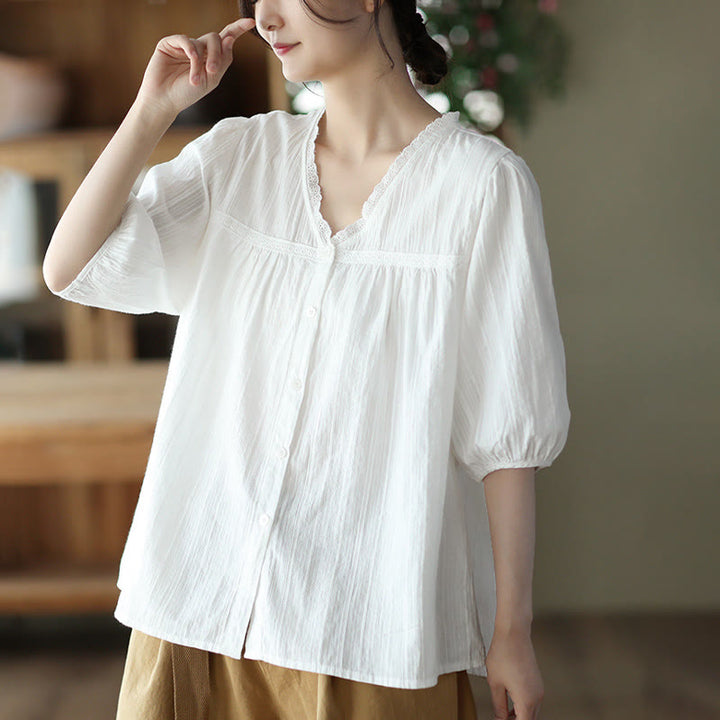 Buddha Stonesレディース ピュアホワイト レース Vネックデザイン 半袖コットンシャツ - image 3