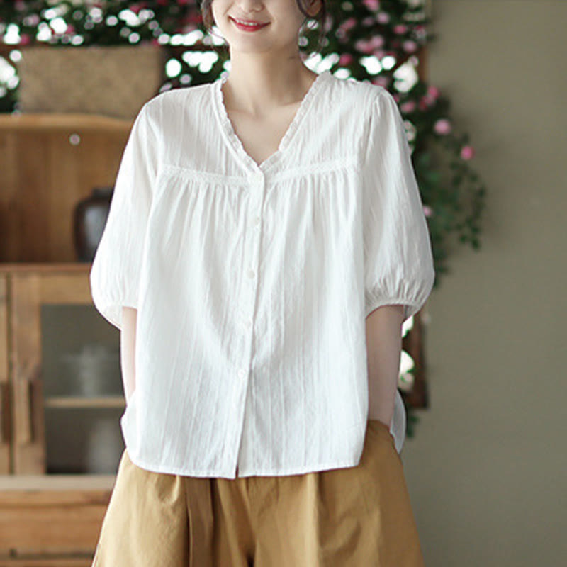 Buddha Stonesレディース ピュアホワイト レース Vネックデザイン 半袖コットンシャツ - image 1