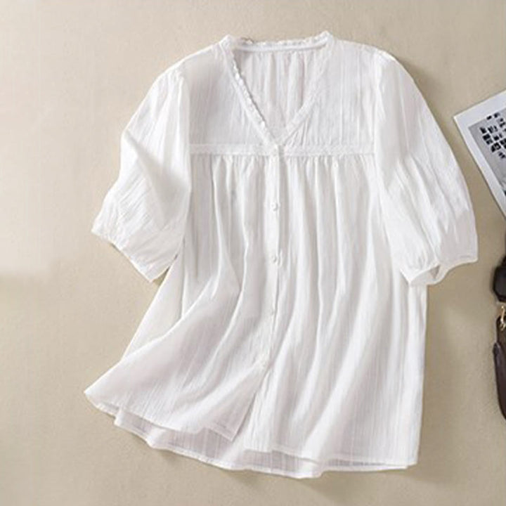 Buddha Stonesレディース ピュアホワイト レース Vネックデザイン 半袖コットンシャツ - image 4