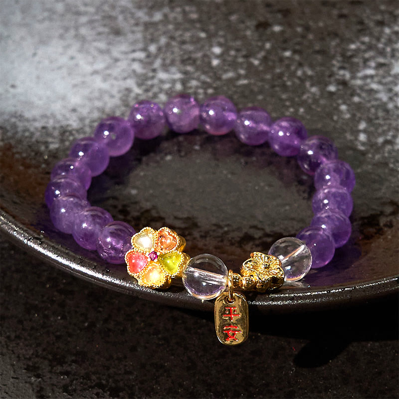 Buddha Stones天然アメジスト ホワイトクリスタル フラワーヒーリング 安全と健康 チャームブレスレット - image 1