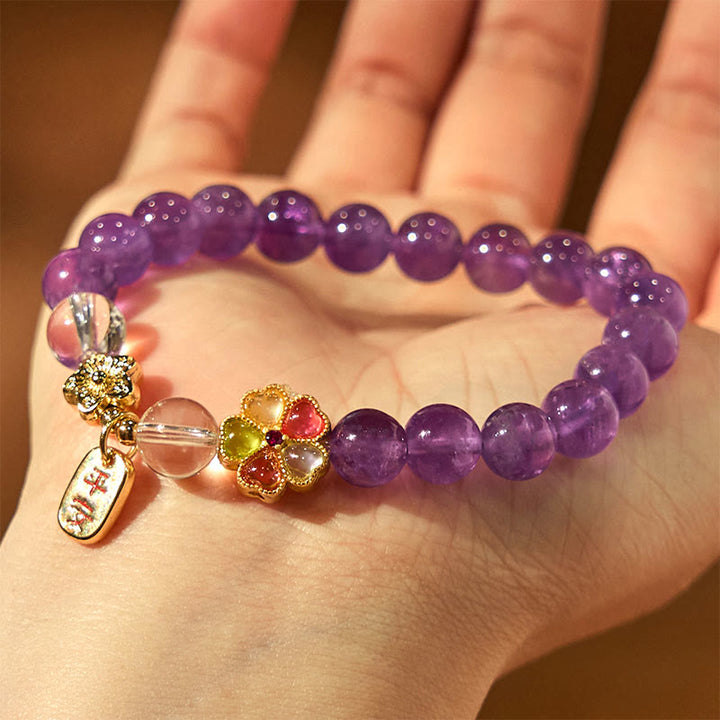 Buddha Stones天然アメジスト ホワイトクリスタル フラワーヒーリング 安全と健康 チャームブレスレット - image 7