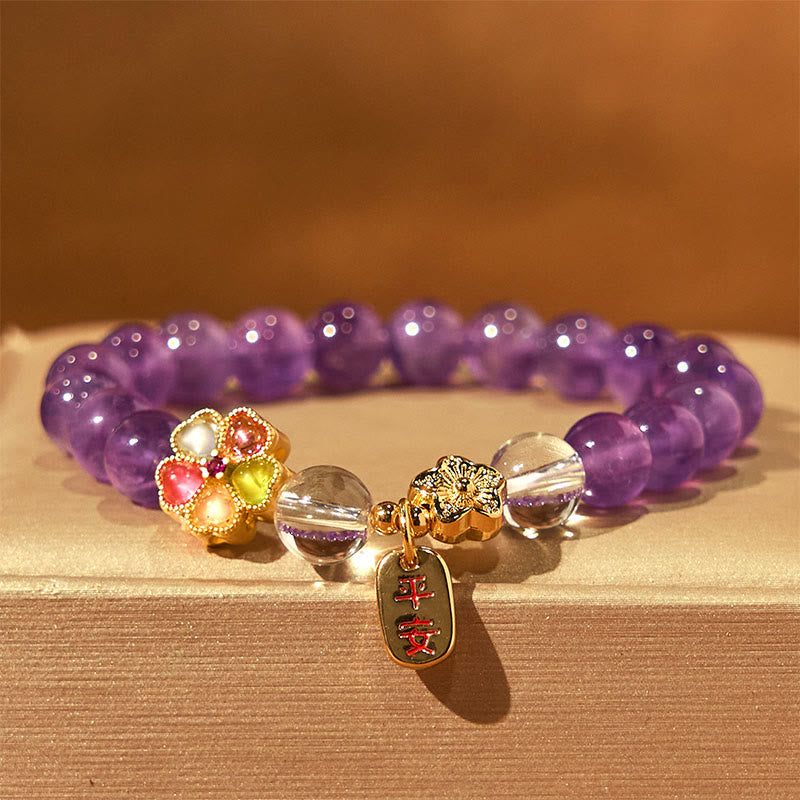 Buddha Stones天然アメジスト ホワイトクリスタル フラワーヒーリング 安全と健康 チャームブレスレット - アメジスト（手首周り：14～17cm） - image 0