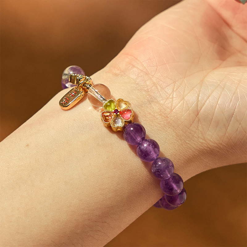 Buddha Stones天然アメジスト ホワイトクリスタル フラワーヒーリング 安全と健康 チャームブレスレット - image 9