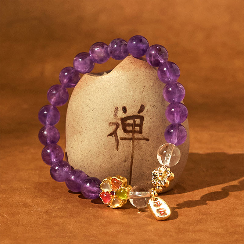 Buddha Stones天然アメジスト ホワイトクリスタル フラワーヒーリング 安全と健康 チャームブレスレット - image 6