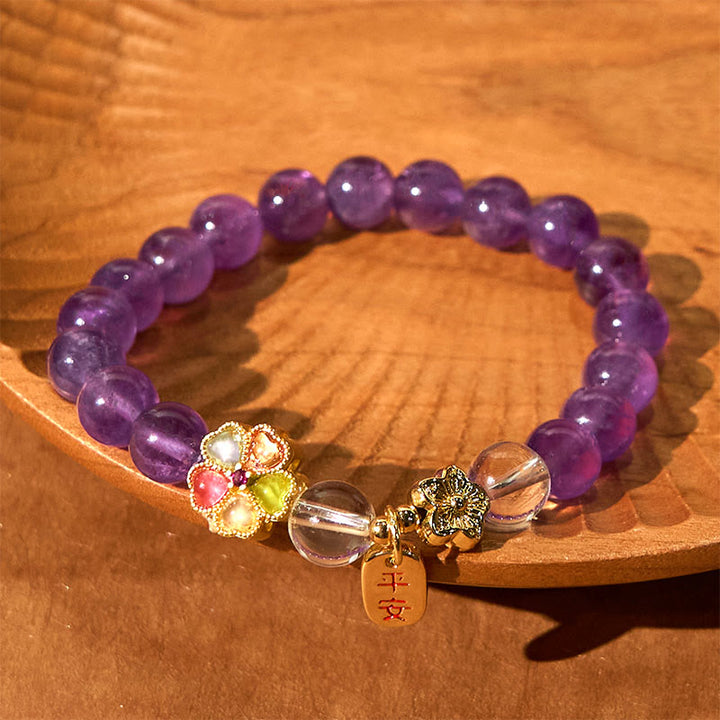 Buddha Stones天然アメジスト ホワイトクリスタル フラワーヒーリング 安全と健康 チャームブレスレット - image 5