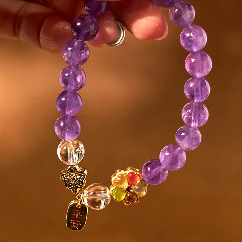 Buddha Stones天然アメジスト ホワイトクリスタル フラワーヒーリング 安全と健康 チャームブレスレット - image 8