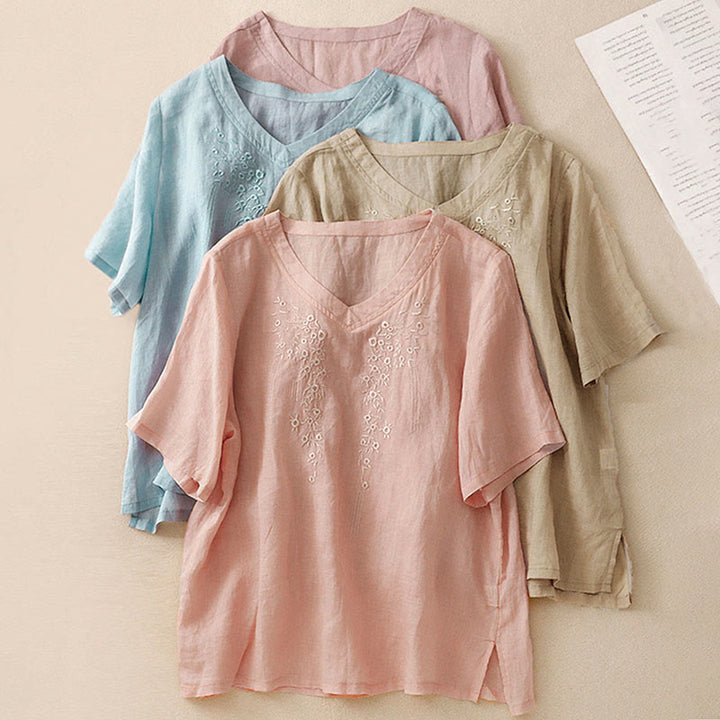 Buddha Stonesカジュアル レディース 刺繍フラワー Vネックデザイン ゆったり 半袖 コットンリネンシャツ - image 29